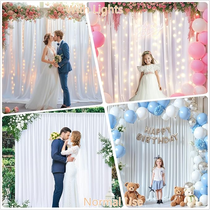 20 x 10ft White Backdrop Curtains with Lights String for Wedding Polyester Photo Backdrop Drapes Wrinkle Free White Long Curtains for Birthday Parties Reception Baby Shower Ceremony-10 x 5ft x 4Panels