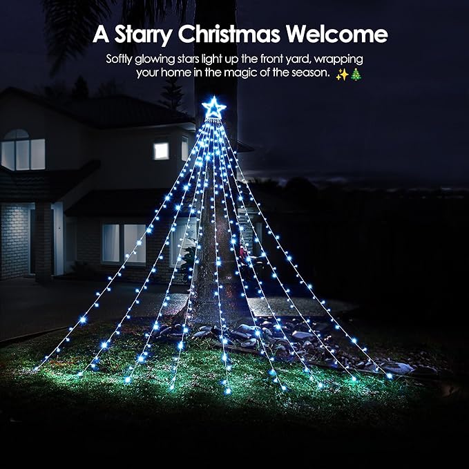 WBao Outdoor Christmas Decorations with 12" Star Topper, 344 LED 11.9ft Waterfall Christmas Lights with Remote Control, 8 Modes, 3 Timers, UL Listed, Waterproof for Tree Roof Porch Decor, Cool White