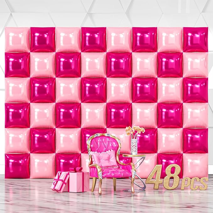 NISOCY 48PCS Hot Magenta Pink Square Foil Balloons Wall Backdrop Double Sided Metallic Pink Balloons Arch Kit for Anniversary Bachelorette Birthday Engagement Bridal Baby Shower Party Decorations