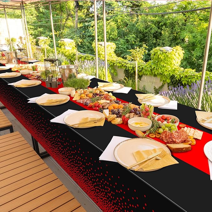 MASHAN 12Pcs Black and Red Tablecloth Party Decorations,Plastic Black Table Cloth Printed Red Table Runner Disposable Rectangle Cover for Birthday Weeding Anniversary Graduation Party,54 x108 Inch