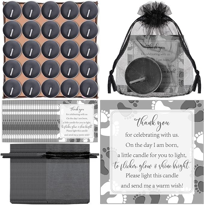 50 Sets Baby Shower Party Favors Including 50 Pcs Unscented Tealight Baby Shower Candles Gift Bags Cards for Gender Reveal Party Supplies(Black)