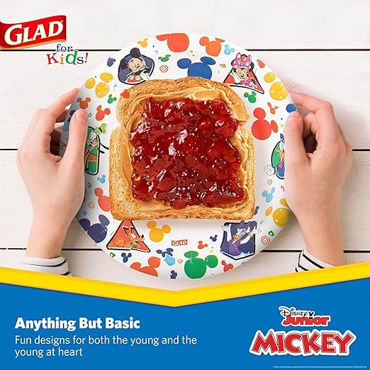 Glad for Kids Disney Mickey and Friends Disposable Paper Plates for Snacks and Meals, Heavy Duty Soak Proof Cut Resistant Microwave Safe Kids Plates, Party Pack, 8.5 Inch, 40 Count - 8 Pack