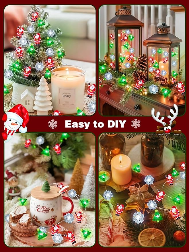 Christmas String Lights Decoration, 10ft 30LED Christmas Tree Santa Snowflake Fairy Lights Battery Operated with Remote, 8 Modes & Timer, Twinkle Light for Xmas Tree Party Indoor Outdoor Decoration