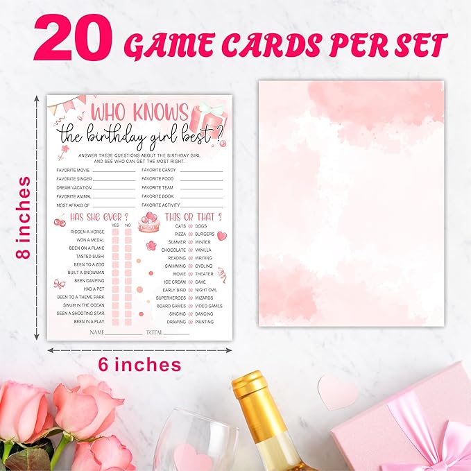 6"X8" Who Knows The Birthday Girl Best - Blush Birthday Elements - Funny Double-Sided 3-in-1 Game Card Set For Girls Birthday Party, Sleepover Party Activities, Favor & Supplies (20Pcs)- A10