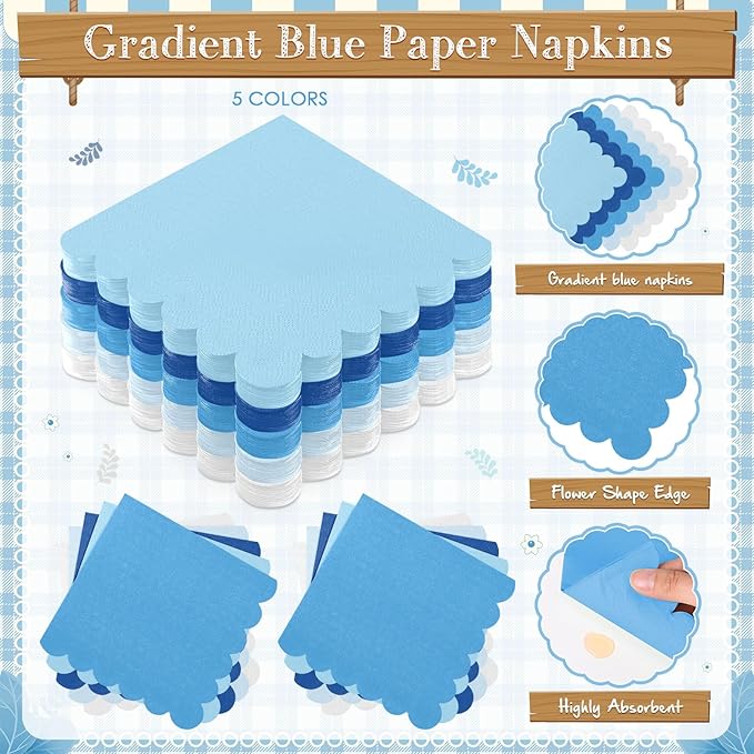 Zhehao 175 Pcs Blue Party Supplies Set Blue Disposable Tableware Kit with Plates, Cups, Napkins, Cutlery in Natural Earth Tones for Baby Shower, Birthday, Wedding Forest Events