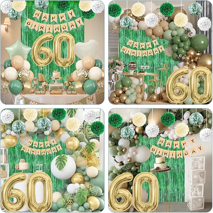Sage Green 60th Birthday Decorations for Men Gold Number 60 Balloon Nude Gold Happy Birthday Banner Fringe Curtain Paper Pom Poms Olive Green Cream White Sand Star Foil Balloons Party Decor