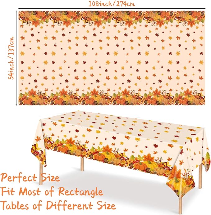3 Pieces Thanksgiving Disposable Tablecloth, 54 x 108 Inch Rectangle Waterproof Plastic Fall Thanksgiving Theme Tablecloth for Harvest Party Table Decoration