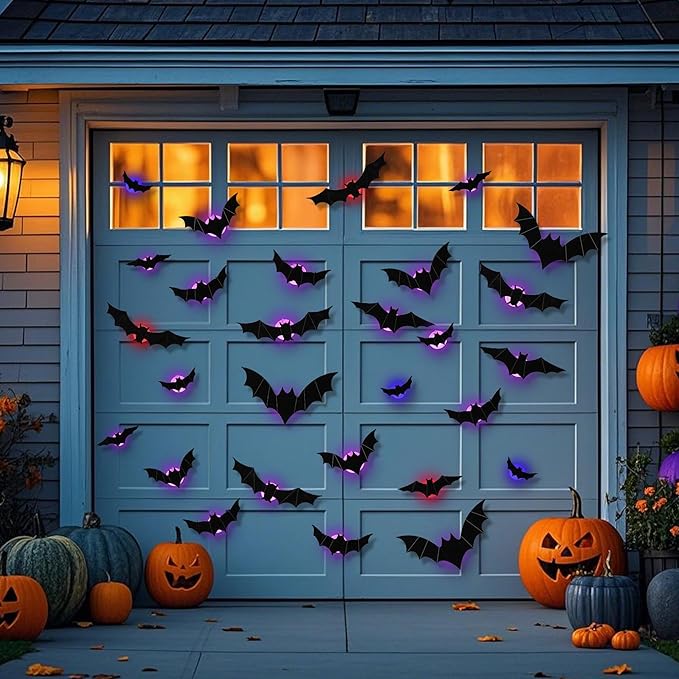 DR.DUDU 36 Pack Halloween Bats Wall Decor – Lighted 3D Bat Stickers Assorted Size for Halloween Party, Bedroom Window Decorations, Indoor and Outdoor Home Decals