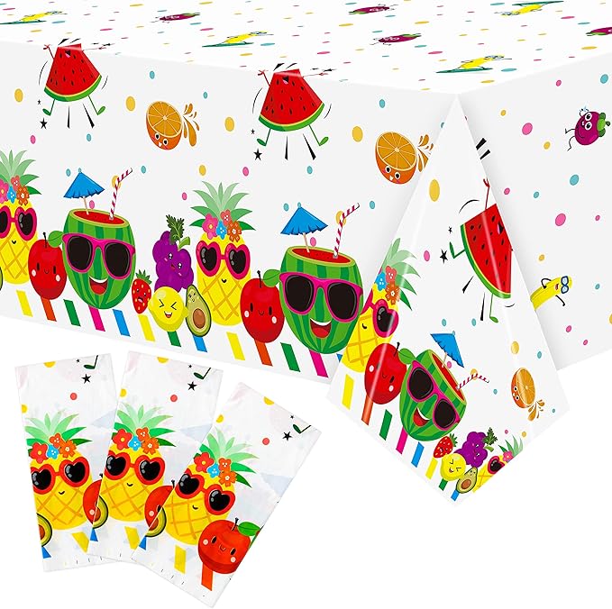 3 Packs Fruit Theme Table Cover Decorations Watermelon Pineapple Disposable Plastic Tablecloths for Kids Birthday Baby Shower Summer Fruit Hawaii Party Decorations Supplies, 54x108 inch