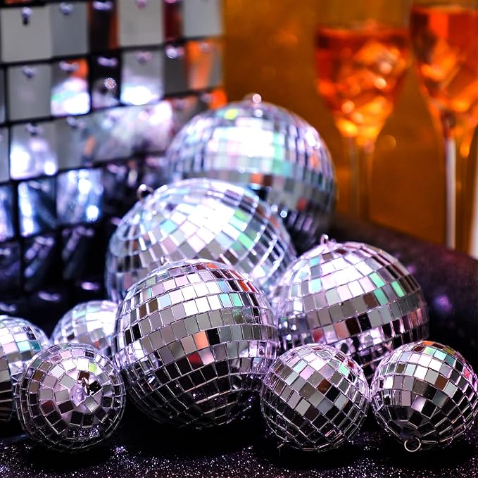 MTLEE 20 Pcs Disco Balls Decoration Mirror Disco Ball Assorted Silver Mini Glass Different Sizes Reflective with Rope for 70s Wedding Dance Music(4, 3. 2, 2 Inch)