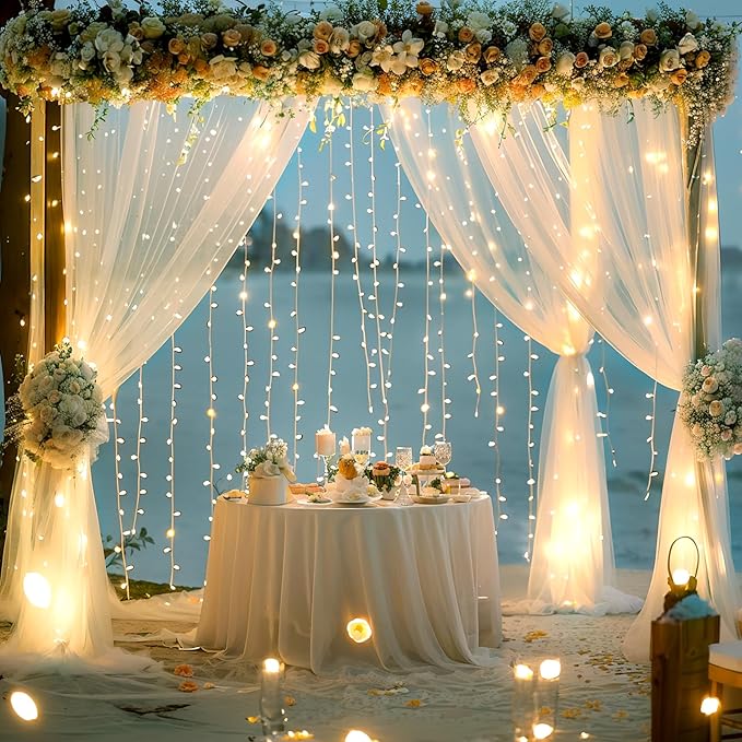 10ft x 10ft Ivory Tulle Photo Backdrop Curtain with Lights String for Parties Wedding Sheer Ivory Curtain Backdrop for Birthday Party Bridal Shower Photo Booth Photography Background Decorations