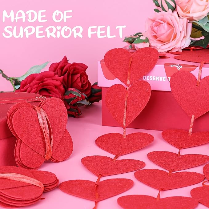80PCS Felt Hearts, Valentines Day Decoration, Red Heart Garland, Pre-Strung Heart Banner Valentine's Day Banner Indoor Outdoor Hanging Party Decor for Wall Window Door Fireplace Office Home