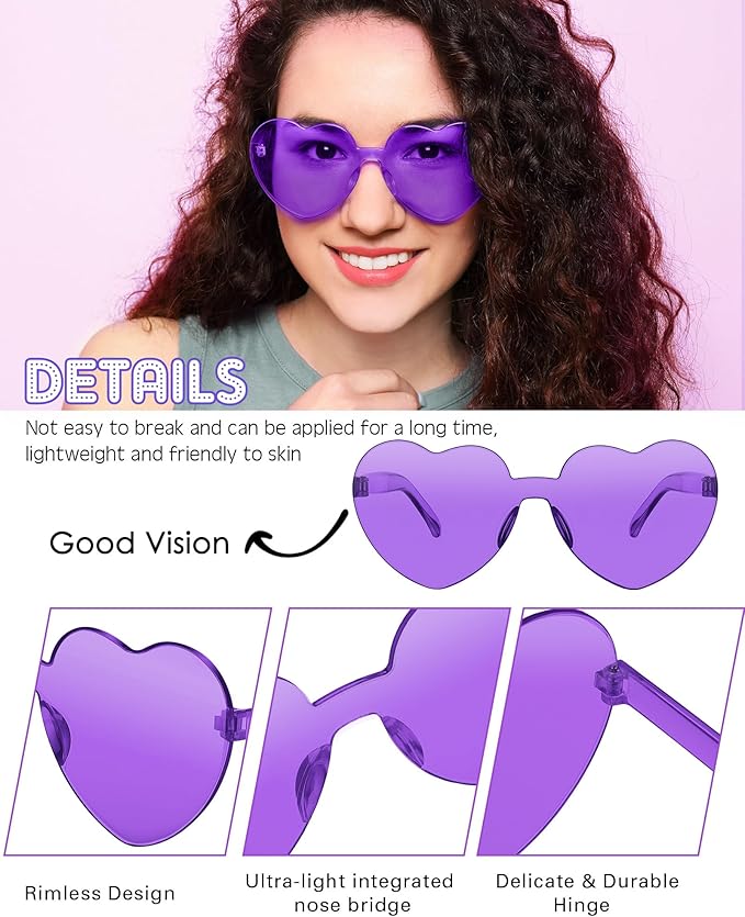 Frienda 8 Pairs Heart Shaped Sunglasses for Women Rimless Heart Glasses Candy Color Sunglasses for Party Favor