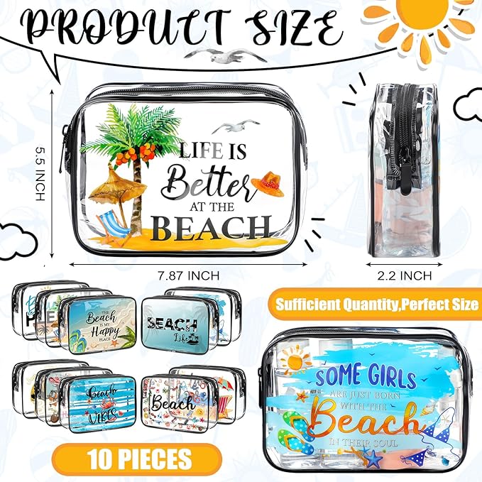 Kacctyen 10 Pcs Beach Clear Makeup Bags Gift for Women Clear Toiletry Bag Beach Cosmetic Bags Waterproof Travel Multifunction Pouch for Friend Sister Nurse Vacation Organization
