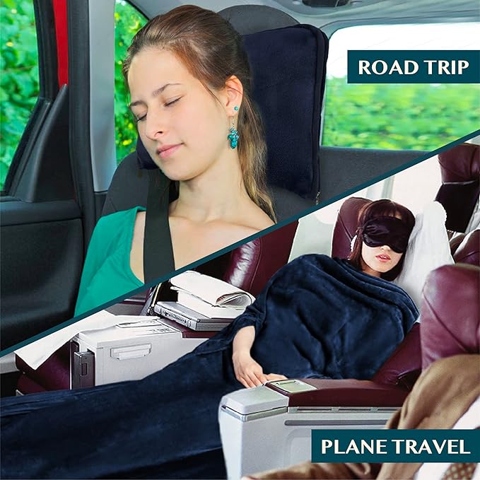 PAVILIA Travel Blanket and Pillow, Arms Opening Airplane Blankets for Adults, Compact Plane Blanket with Arm Hole 2-in-1 Bag for Flight Car Camping Fit in Luggage Backpack Traveler Gift, Navy Blue