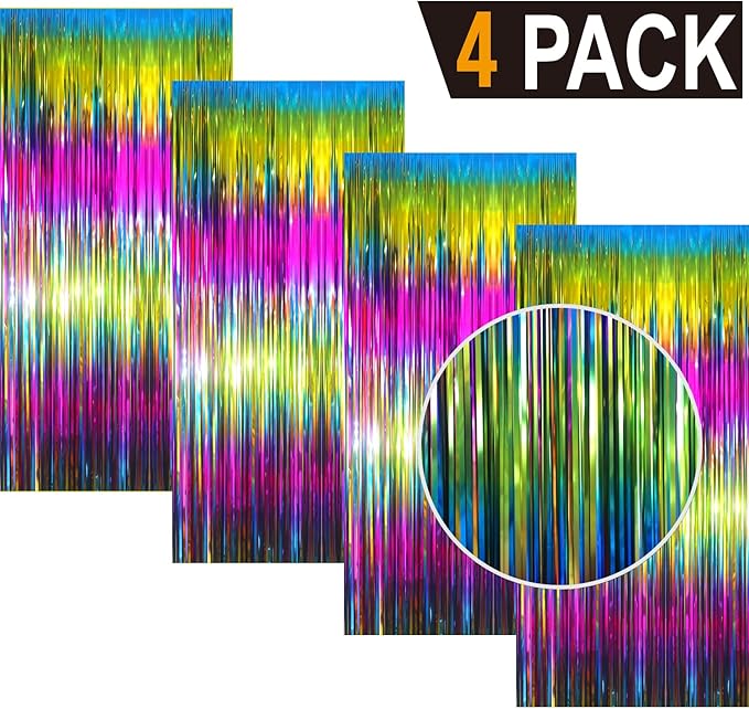 GOER 3.2 ft x 8.2 ft Metallic Tinsel Foil Fringe Curtains Party Photo Backdrop Party Streamers for Birthday,Graduation,New Year Eve Decorations Wedding Decor(4 Packs,Macaroon Rainbow)