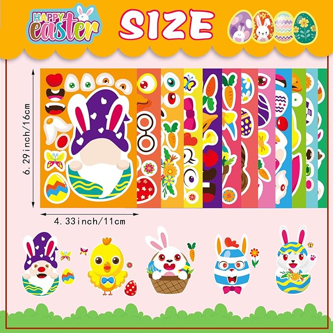 24 Sheets Easter Make-a-face Stickers for Kids, Make Your Own Easter Sticker for Boys Girls, Easter Eggs Bunny Chick Farm Animal Lamb Face Stickers for Family Schools Classroom Party Favor Supplies