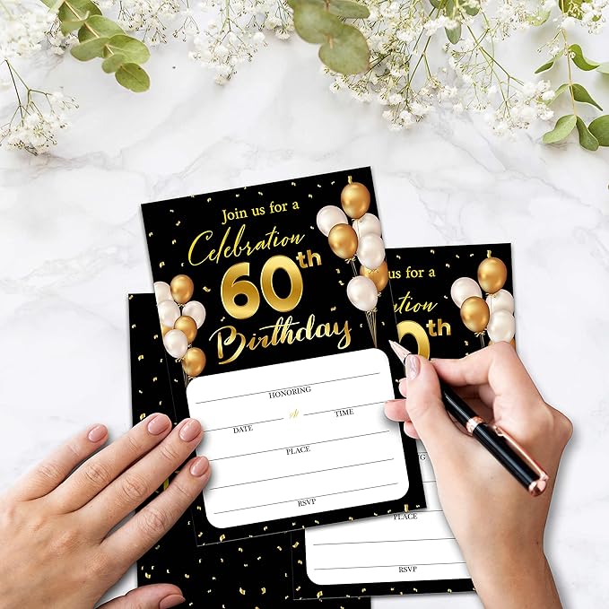 60th Birthday Invitation Cards with Envelopes - Classic Gold Theme Fill in The Blank Birthday Party Invite Cards, for Man, Woman Entertain Banquet Party Supplies, 20 Invites With Envelopes - B16