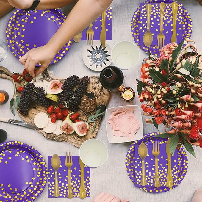 AIRE 175PCS Purple Gold Paper Plates Party Supplies for 25 Guests Party Decorations Disposable Dinnerware Paper Plates Cups Napkins Gold Plastic Forks Knives Spoons for Birthday Baby Shower Wedding
