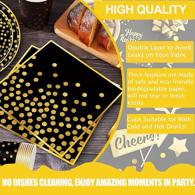 175PCS Black and Gold Paper Plates Party Supplies for 25 Guests Disposable Party Decorations Dinnerware Golden Dot Black Paper Plates Napkins Cups Gold Plastic Forks Knives Spoons for Parties