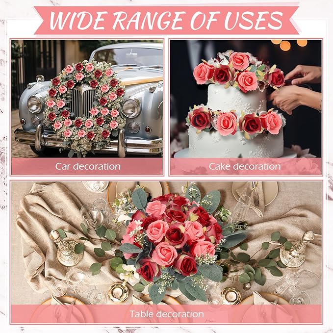 Zeyune 12 Bunches Wedding Bridesmaids Bouquets 144 Heads 7 Inch Artificial Rose Bouquets Silk Fake Flower Bulk with Stems for Valentine's Day Wedding Bridal Shower Home Party Decor(Rose Red)