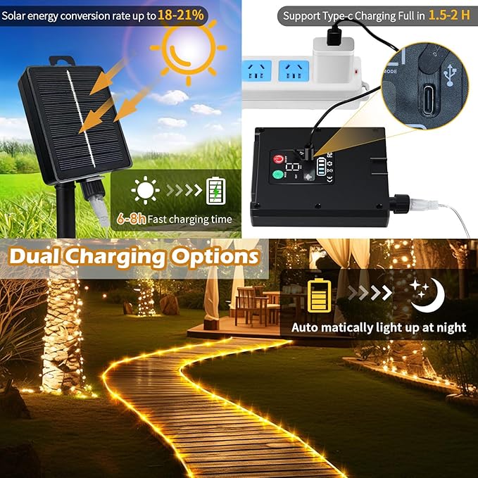 Solar Rope Lights Waterproof 39FT 100LEDs,High Capacity Rechargeable Battery,Dual Charging,Outdoor String Light,Remote-Control,for Pathway Patio Garden Palm Tree Christmas (Brighter - Warm White)