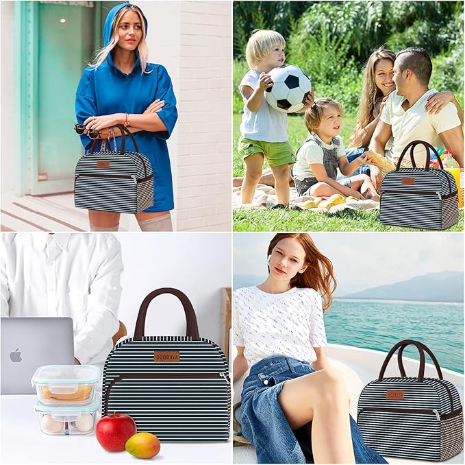 Coobiiya Lunch Bag Women, Lunch Box for Women Adult Men, Small Leakproof Cute Lunch Tote Large Capacity Reusable Insulated Cooler Lunch Container for Work/Office/Picnic/Travel-Stripe