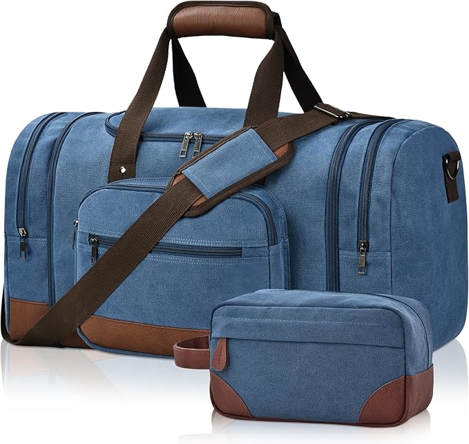 Litvyak Duffle Bag for Travel, 50L Canvas Travel Duffel Bags Overnight Weekend Gym Carry On Luggage Bag for Men & Womenn(Blue+Toiletry Bag)