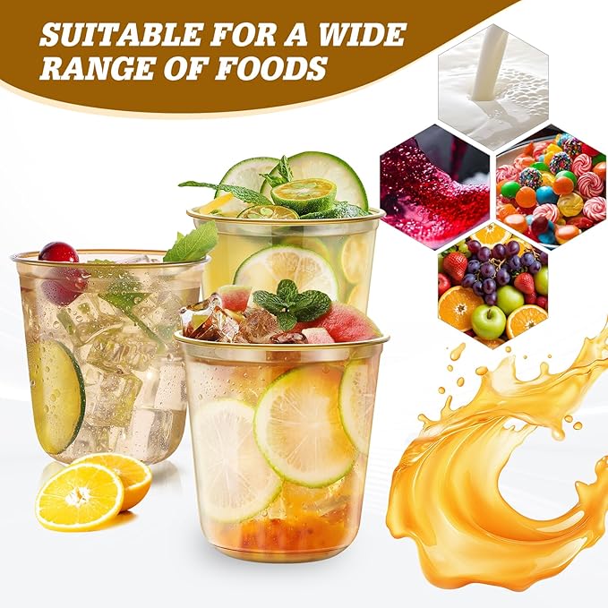 KesaPlan 50 Pcs Gold Plastic Cups, 12oz Disposable Stemless Wine Glasses for Cocktail Cute Clear Cocktail Wine Glasses Gold Party Cups for Meeting Wedding Graduation Holiday Party