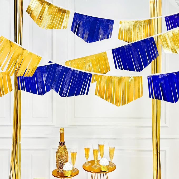 Royal Blue Gold Tassel Banner Metallic Fabric Pennant Bunting Flag for Graduation Retirement Bachelorette Birthday Engagement Wedding Bridal Shower Nautical Ahoy Achor Party Decorations Supplies