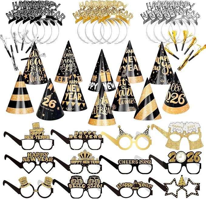 New Years Eve Party Supplies 2026 48 PCS Happy New Years Decoration Hats Glasses Headband for 2026 Party Props Festival Decorations Count Down NYE Party Supplies Favors (Black-2)