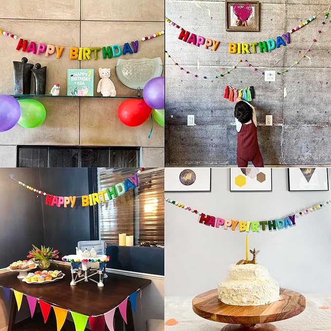 Pre-Strung Happy Birthday Banner - Felt Ball Garland - Reusable HAPPY BIRTHDAY Garland, Rainbow Party Decorations, Personalized Holiday Sign for Party Decor, Kids Room Decor, Photo Prop (Rainbow)
