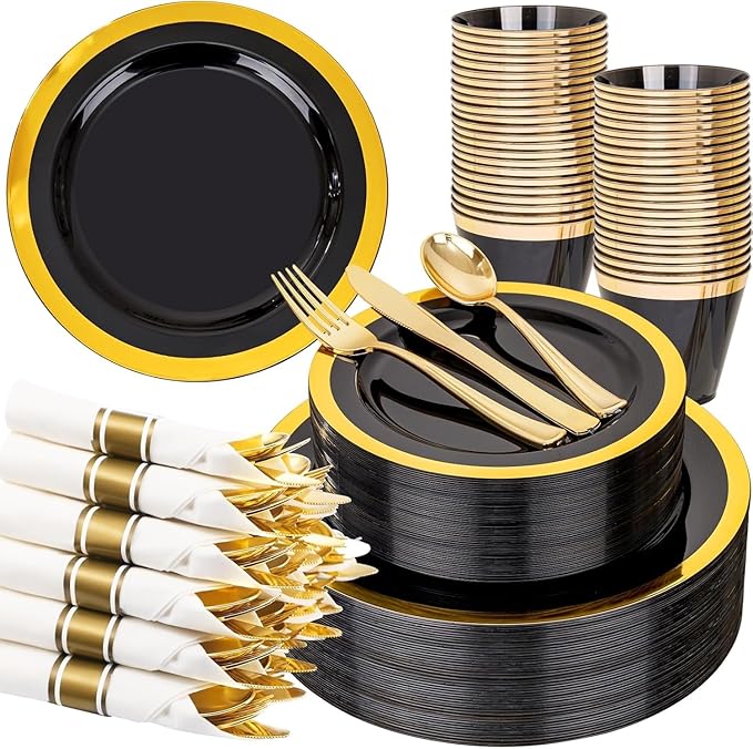 YOUBET 350PCS Black and Gold Plastic Plates - Gold Disposable Dinnerware Sets for 50 Guests - 100 Plastic Plates, 150 Gold Silverware, 50 Cups, 50 Pre Rolled Napkins for Party & Wedding