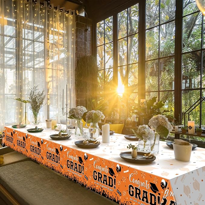 12Pack Graduation Tablecloth Party Decorations, Class of 2026 Congrats Grad Plastic Tablecover Party Supplies, Orange Rectangle Graduation Table Decorations for College High School Party, 54 x 108Inch