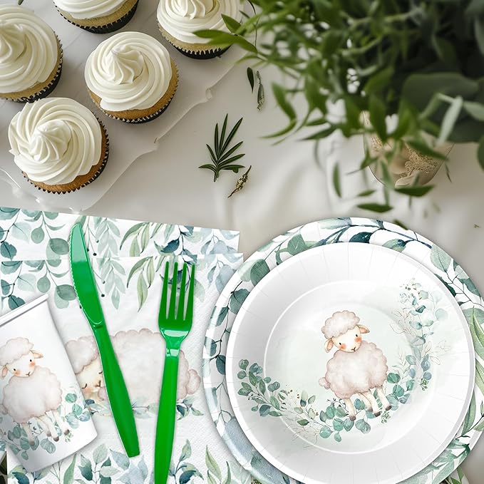 Sheep Baby Shower Decorations Tableware - Farm Animal Lamb Sheep Birthday Party Supplies, Plate, Cup, Napkin, Disposable Cutlery, Lamb Baby Shower Decorations And Supplies | Serve 24