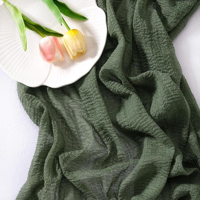 Socomi Green Cheesecloth Table Runner Olive Easter Spring Gauze 120 Inch Rustic Boho Cheese Cloth Runner for Wedding Party Baby Bridal Shower Centerpiece Decoration Holiday Home Decorations