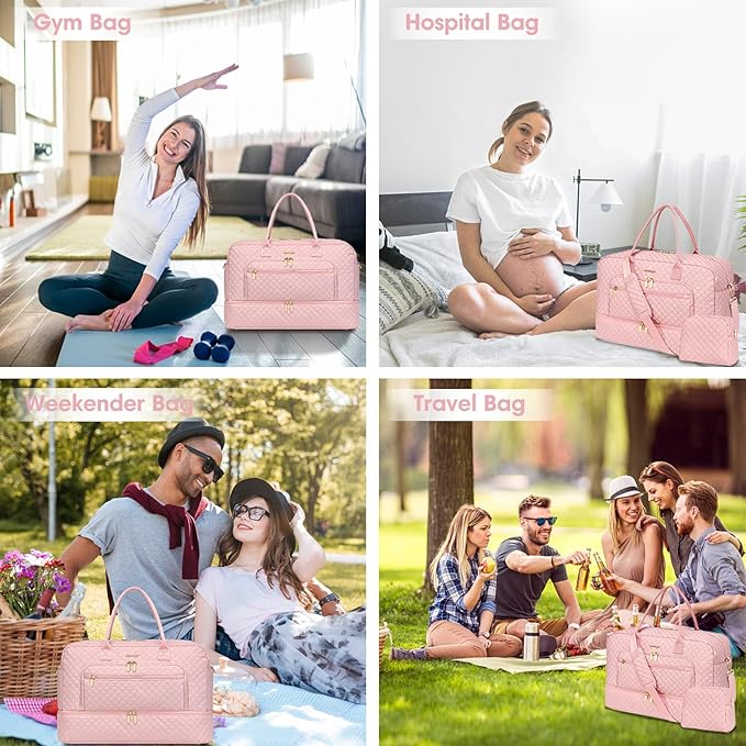 Large Women Travel Duffle Bag - Carry on Overnight Bag Weekend Travel Duffel Tote Bag Yoga Gym Bag with Wet Pocket Toiletry Weekender Overnight Bag for Travel Business Trips Sports Hospital Pink
