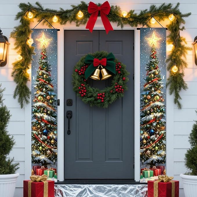 Nuxovilar Christmas Decorations Outdoor Yard Front Porch Sign Set, Lit Christmas Tree Door Banners for Front Door, Hanging Christmas Door Decorations for Home Indoor Outdoor Wall Yard