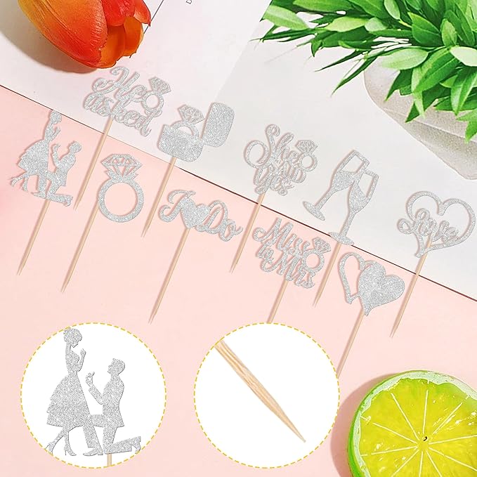 30 PCS He Asked She Said Yes Cupcake Toppers Engagement Cupcake Toppers Miss to Mrs I Do Love Heart Ring Miss to Mrs Cupcake Picks for Wedding Engagement Party Cake Decorations Supplies Silver