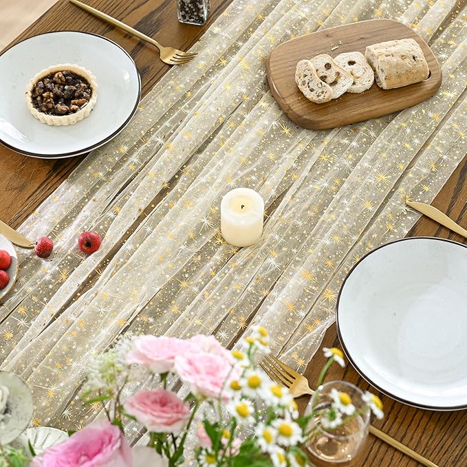 Horaldaily Beige Gold Sparkling Star Gauze Tablecloth 60x140 Inch Rectangular, Golden Star Sequin Glitter Metallic Foil, Sheer Tulle Cheesecloth for Wedding Baby Shower Party