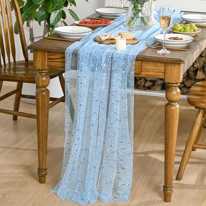 Horaldaily Light Blue Gold Sparkling Star Gauze Tablecloth 52x70 Inch Rectangular, Blue Star Sequin Glitter Metallic Foil, Sheer Tulle Cheesecloth for Wedding Baby Shower Party