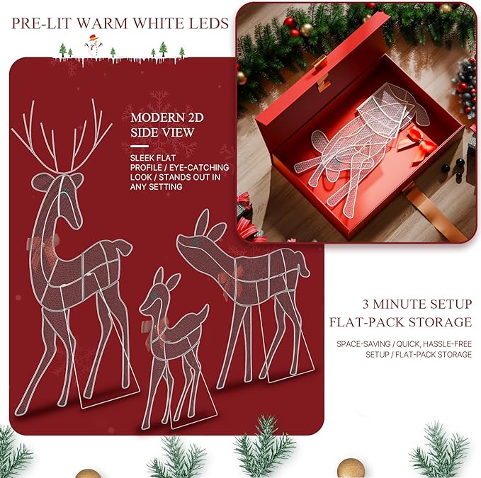 [3-Piece Reindeer Christmas Decorations Outdoor] 2D Lighted Deer Family with 260 LED Light. Durable Yard Lawn Holiday Decor, Outdoor Lighted Holiday Display for Yard Lawn Garden-White