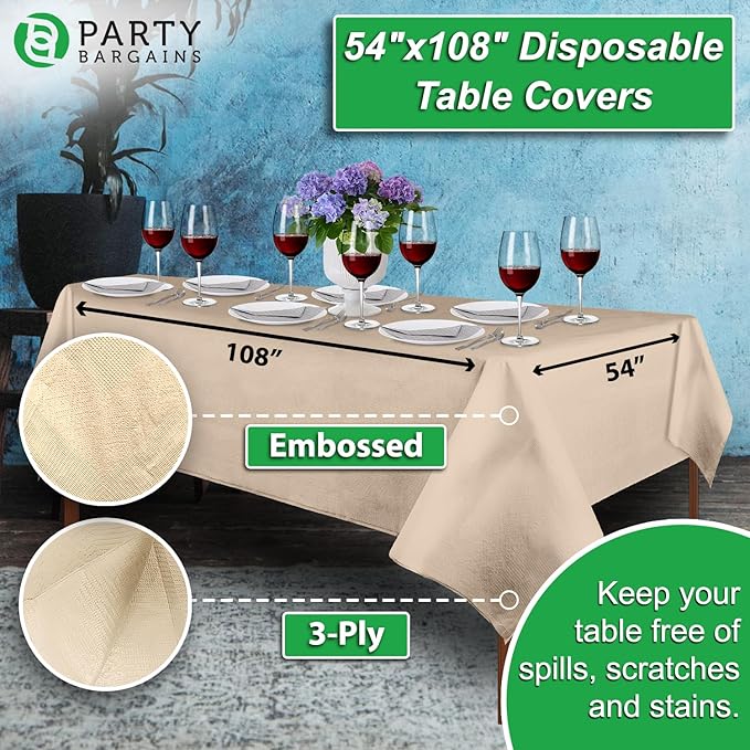 PARTY BARGAINS Disposable Table Covers, 54 x 108 Inch, Ivory, 3-Ply Paper & Plastic Spill-Resistant Party Tablecloths, 10 Pack