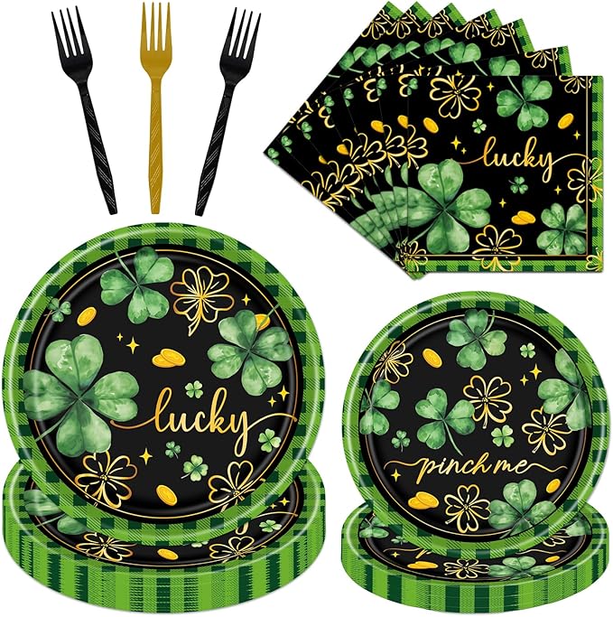 Rakuto St Patricks Day Plates and Napkins Decorations, 96PCS Lucky Green Shamrock Party Decoration, St Patrick's Day Disposable Forks Tableware Decor for Irish Birthday Holiday Serve 24