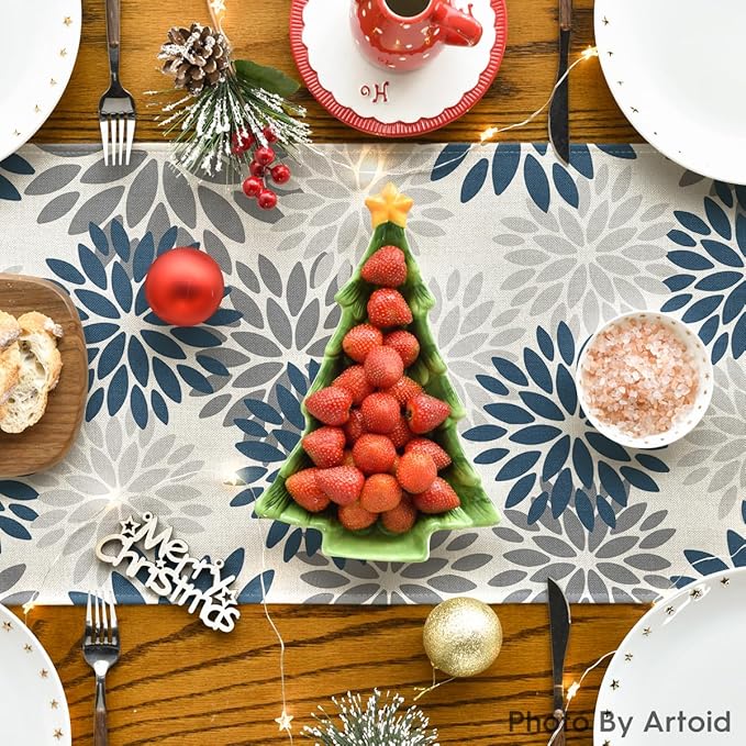 Artoid Mode Dahlia Aqua Floral Pinnata Flower Summer Table Runner, Seasonal Winter Holiday Kitchen Dining Table Decoration for Home Party Decor 13x72 Inch