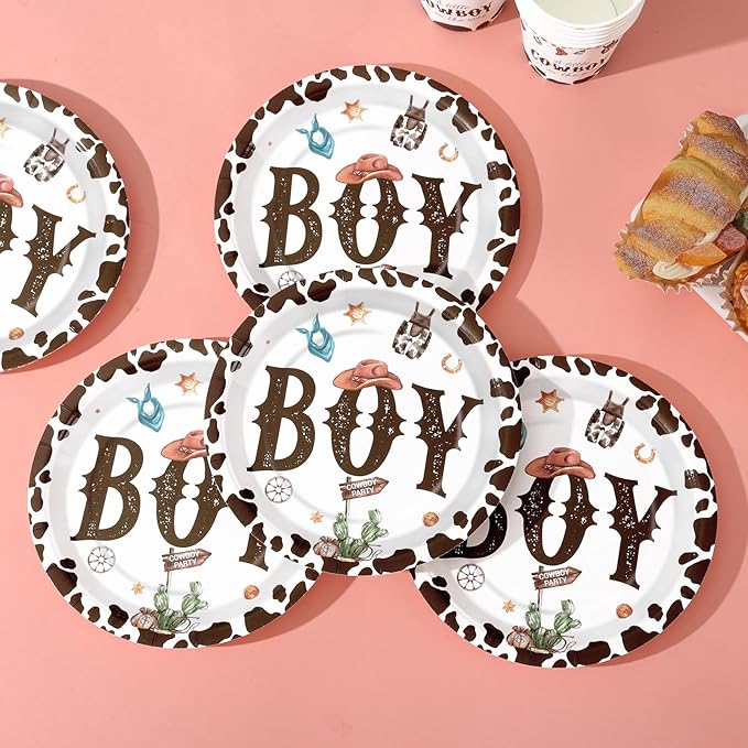 168 Pcs Cowboy Baby Shower Decorations, A Little Cowboy is on the Way Boy,Baby Boy Shower Plates and Napkins Sets Serves 24, Western Baby Shower Decorations, Its A Boy, Brown