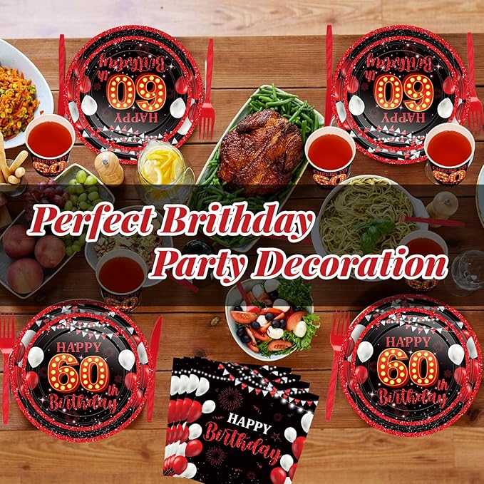 240 Pcs 60th Birthday Decorations 1966 Birthday Party Tableware Include Plates Napkins 9oz Cups Cutlery 60th Anniversary Party Supplies for Men Women Him Her, Serve 30 Guests (Black Red)