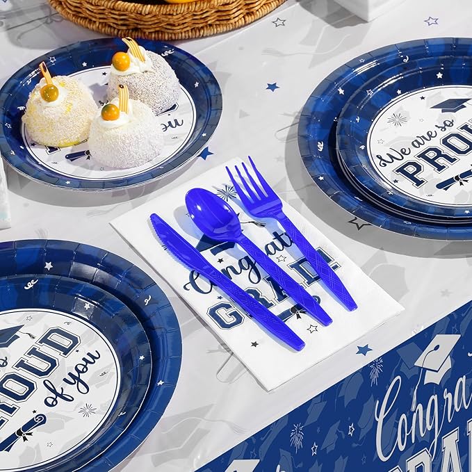 Graduation Party Supplies Congrats Grad Plates and Napkins Set Serve 50, Disposable Tableware Paper Plates Napkins Cups Knives Spoons Forks Straws for Class of 2026 Graduation Party Decorations (Blue)