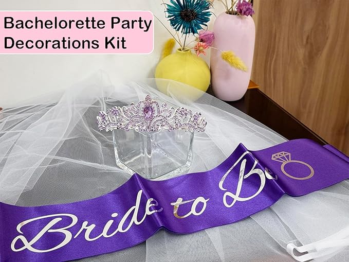 JETKONG 3 Pcs Bachelorette Party Decorations Bridal Shower Crown, Bride to Be Sash&Veil for Women Bachelorette Party Gifts, Bachelorette Party Supplies, Gifts, Favors (Purple)