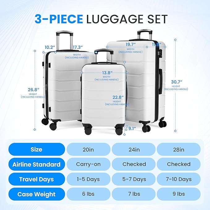 Simple Deluxe 28 Inch Expandable Hardside Carry On with Spinner Wheels & TSA Lock, ABS Hard Shell Lightweight Rolling Luggage Suitcase, White
